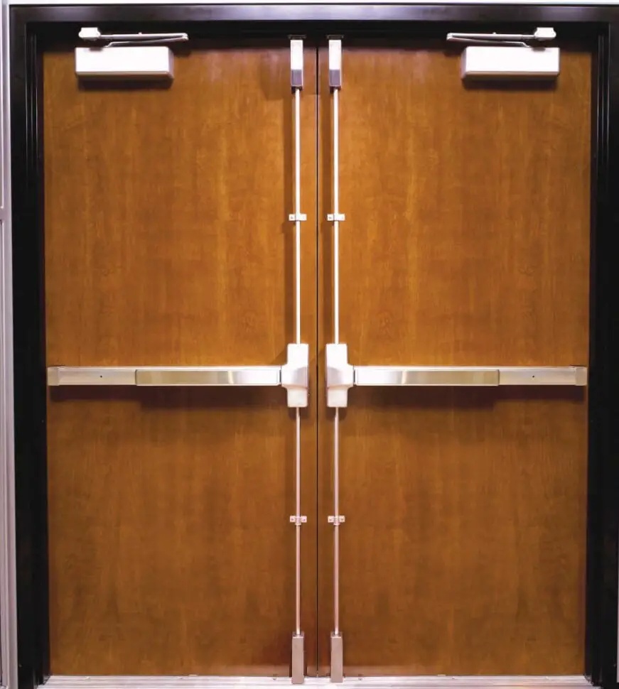 Double door with vertical rod panic devices.