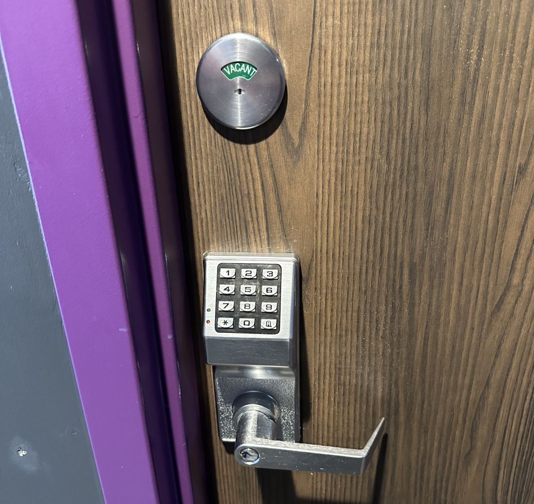 Pin code entry restroom with occupied indicator.