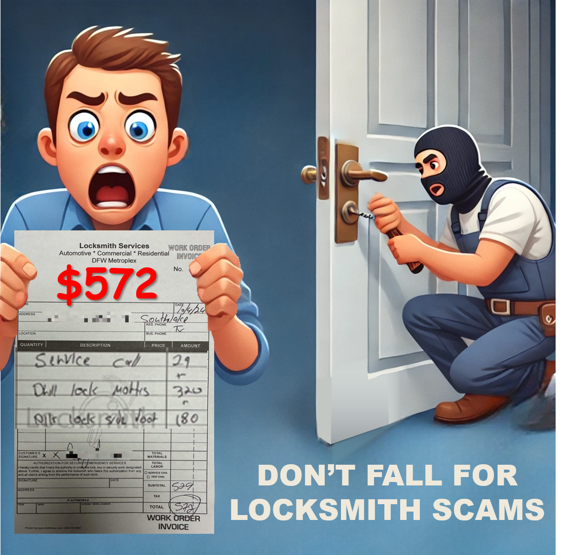 Price gouging 'locksmiths' charge up to 10X what a legitimate company would charge.