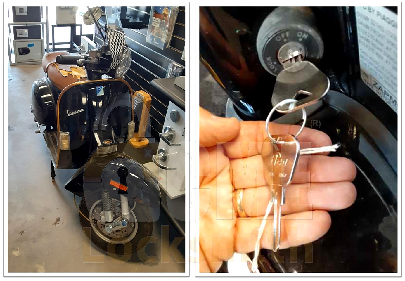 Scooter in the ACME shop and two freshly cut keys at the ignition